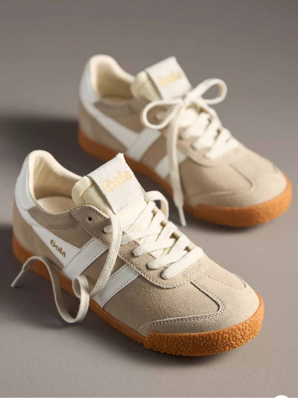 Gola Bone Suede Sneaker with White Stripes and Gum Sole
